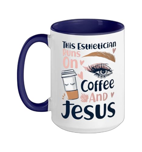 Esthetician Skincare Beautician Coffee Jesus Faith Christian Ceramic Mug, Dark Blue/White, 15oz