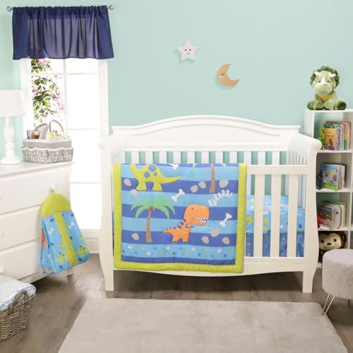 Image of EVERYDAY KIDS Dinosaur 4 Pc Crib Bedding and Nursery Set Includes Baby Bed Quilt, Fitted Sheet, Dust Ruffle and Diaper Stacker; Triceratops and T-Rex Dino Design for Baby Boys