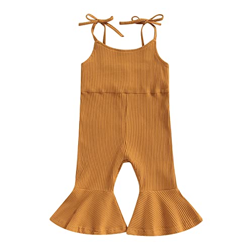 NANYKNIGHTY Baby Girl Bell Bottoms Romper Pants Knit Overalls Solid Ribbed Clothes Cute Toddler Girl Jumpsuit (Coffee, 3-4 Years)