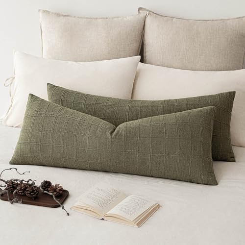 Image of Foindtower Set of 1 Decorative Linen Check Throw Pillow Cover Neutral Long Body Lumbar Cushion Cover Farmhouse Vintage Boho Home Decor for Sofa Chair Couch Bedroom Living Room,14x36 Inch,Sage Green