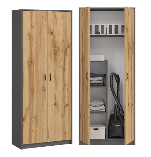 BDW - Armoire à balais – Armoire de ménage – 74x35x180cm – Polyvalente pour balais, aspirateur et Produits d’Entretien – Dino Graphite/Chêne Wotan