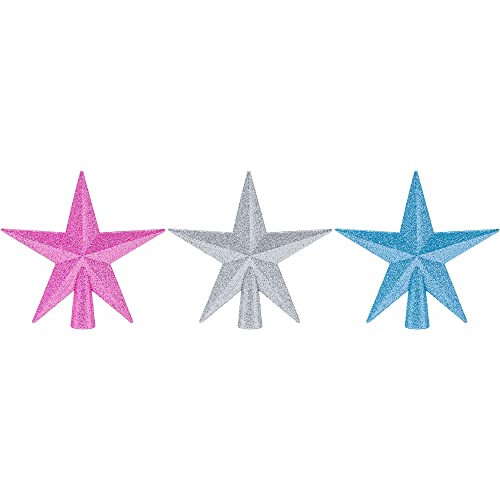Aneco 3 Pack 4 Inches Glittered Mini Star Christmas Tree Topper Star Treetop for Small Christmas Tree Ornaments, Silver, Pink and Blue