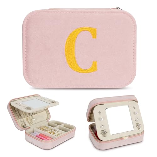 Joyero de Viaje con Inicial E, Joyero Pequeño con Letra, Portátil Jewelry Organizer de Terciopelo, Caja de Joyería para Mujer, Personalizado Regalo para Niña, Mamá, Cumpleaños, Aniversario, Navidad