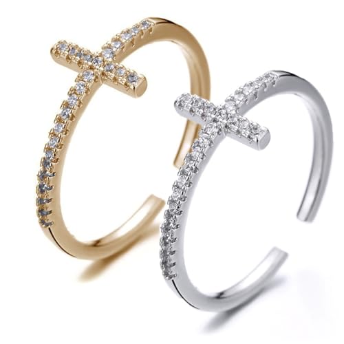 2 Pieces CZ Cross Promise Rings for Women Eternity Ring Stackable Wedding Open Band Rings Adjustable Finger Statement Engagement Jewelry Gifts