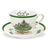 Spode Christmas Tree Teacup & Saucer Set - 7 Oz Earthenware Cup for Tea, Coffee, Cappuccino, Espresso - Holly & Mistletoe Holiday Accents - Holiday Collection Design for Gifting