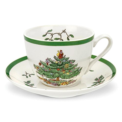 Spode Christmas Tree Teacup & Saucer Set - 7 Oz Earthenware Cup for Tea, Coffee, Cappuccino, Espresso - Holly & Mistletoe Holiday Accents - Holiday Collection Design for Gifting