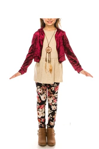 Image of iGirlDress Girls 4 Pieces Pant Set Long Sleeve Jacket Necklace Floral Plaid Pant 4-16