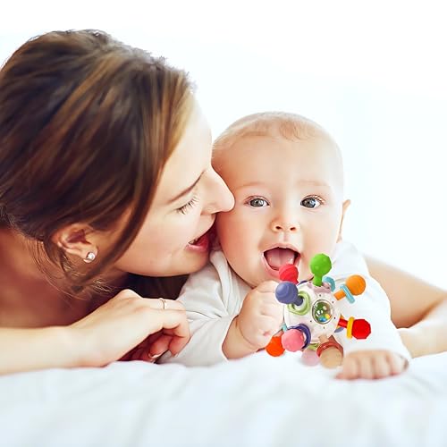 Image of Brand Conquer Silicone Baby Teether Ball Toy, BPA-Free Sensory Teething Toy for 3+ Months, Soft Chewable Textured Teether with Rattle, Colorful Grasping &Development Toy for Infants and Toddlers(White)