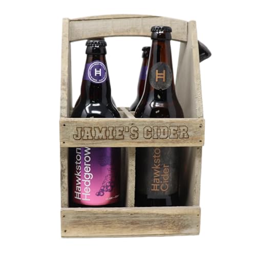 Personalised Engraved Wooden Bottle Carrier with Bottle Opener & 4 Bottles of Hawkstone Cider Gift Set 5% vol