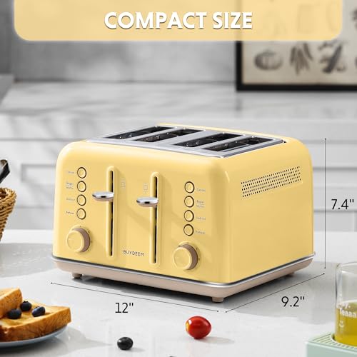 Image of BUYDEEM DT640 4-Slice Toaster, Extra Wide Slots, Retro Stainless Steel with High Lift Lever, Bagel and Muffin Function, Removal Crumb Tray, 7-Shade Settings,Mellow Yellow