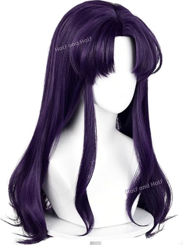 Image of Half and Half Long Curly Purple Wig with Bangs Anime Dark Purple Cosplay Wigs 21.6'' Synthetic Hair for Women Halloween Party