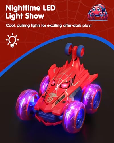 Givzan Spider RC Car for Kids – 4WD Remote Control Stunt Car with 360° Flip, Fast Monster Crawler Toy with Light-Up Wheels – Rechargeable RC Vehicle Gift for Boys Ages 3-12