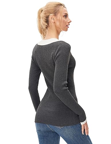 AmélieBoutik Women Casual Color Trim V Neck Long Sleeve Ribbed Sweater Tops4