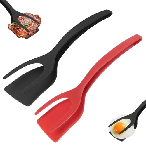 MARUKO 2Pcs 2 in 1 Spatula Tongs, Plastic Egg Flipper, Grip and Flip, Multifunction Spatula, Black&Red