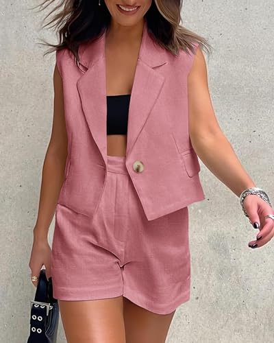 KIRUNDO Women's Vest Blazer and Shorts Set 2 Piece Outfits 2025 Summer Pink Suit with Pockets Beach Vacation Travel Comfy Clothes Linen Sets(Pink, X-Small) — view 2