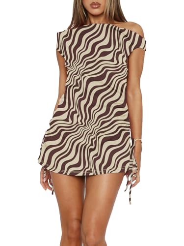 Image of Women's Summer Bodycon Dresses Sexy One Shoulder Side Drawstring Vacation Cocktail Club Party Cute Mini Dress