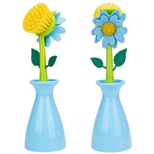 Image of Long Handle Flower Pot Brush, Florganic Dish Brush with Vase, Long Handle Dish Brushs Kitchen, for Cleaning Pot Pan Sink Kitchen Supplies Decorative Vase (Blue)