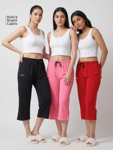 Image of Fflirtygo Women's Cotton Plain Calf Length Capri | Nightwear Pajama | 3 /4th Solid Pyjama Pant | Black Navy and Lavender Lounge Pants | Casual wear & Lounge Wear Capri Combo (Pack of 3)