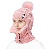 KQueenStar Wintermütze Beanie Damen Winter Strickmütze Warme Loop Schal Mütze Set Strickschal Winddichte Cap mit Fleecefutter, Mütze, Schal & Handschuh Sets für Damen (Rosa)