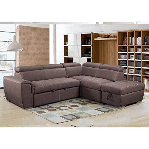 Furnishings For Less UK Corner Sofa Bed | Nevada Large Brown L Shaped Suede Mushroom | Tilting Headrest and Storage Ottoman Included (Right Hand Facing + Ottoman)