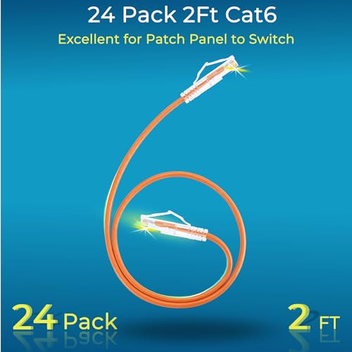 Image of Rapink Slim Cat6 / Cat6a 2ft (24 Pack) Ethernet Patch Cable - 10G Support, Snagless, Flexible Orange