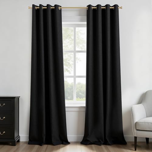 Image of 100% Blackout Linen Textured Curtains for Bedroom Full Light Blocking Room Darkening Bronze Grommet Window Drapes Thermal Insulated Energy Efficient Home Decor 52x96 Black (2 Panels)