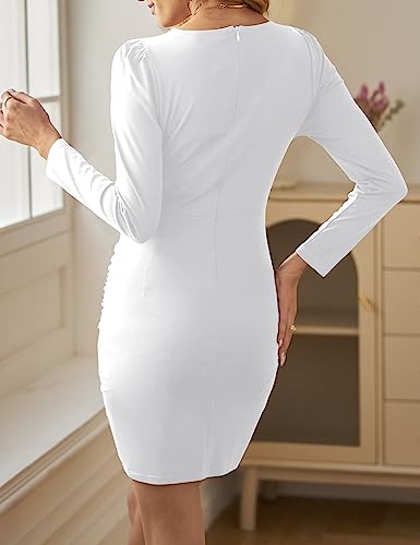 Sarin Mathews Womens Deep V Neck Bodycon Mini Dress Long Sleeve Ruched Wrap Sexy Club Party Cocktail Dresses White M #TOP2