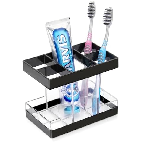 Chintu Toothbrush Holders for Bathrooms Countertop Organizer - Electric Toothbrush Holder Set, 5 Slots Toothbrush and Toothpaste Holder, Makeup Brush Storage Caddy for Family Kids Shower Clear/Black Cover