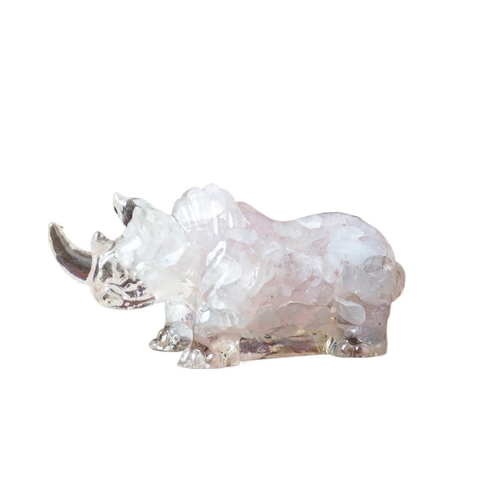 HUFFA Natural Crystal Rhinoceros Figurine - Resin-Filled Wealth Attractor for Home Decor(Pink quartz)