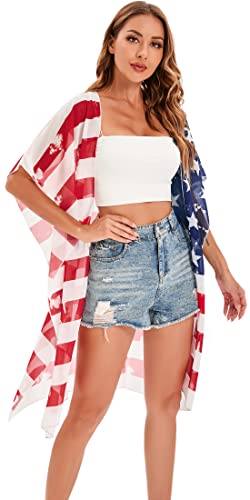 Image of DDSOL Women's American Flag Kimono Cover up Beachwear Cardigan Loose Tops Shirt Blouse