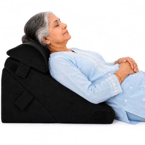 Image of Orthopedic Adjustable Wedge Pillow with Memory Foam & Headrest for Back Support, Leg Elevation, Acid Reflux, GERD, Snoring Relief - 7 Inclines - Soft Washable Cover - Black (56 x 53 x 38 CM)
