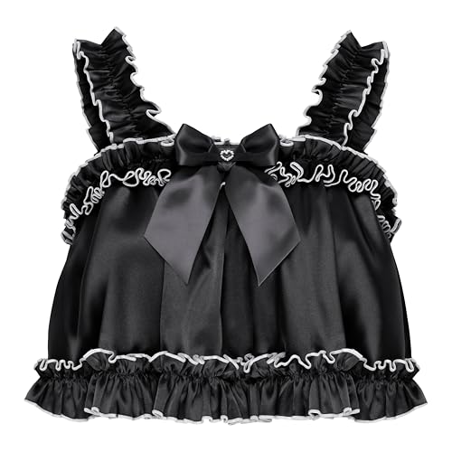 Satini Lingerie Satin Sissy Rolled Hem Edge Frilly Cami Top (Black, L)