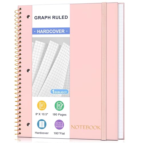 Spiral Notebook Graph Ruled Paper 8 x 10 1-2, 1 Subject Spiral Grid Notebook 3-Hole Punched Perforated Page Ideal for School, Office, Writing, 95 Sheets Lined Journaling Graphing Notebook, Pink