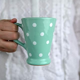 City to Cottage® Teal Blue and White | Polka Dot Spotty | Designer Handmade Hand Painted | Unique Ceramic | Coffee Tea Latte Mugs Cups with Large Handle | Gift
