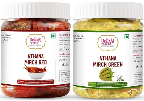 Delight Foods Athana Red & Green Mirch Pickles Achar 500g (250g X 2) | Masala Pickle | Chilli Pickle | Mustard Oil Pickle Achar | Sarso Tel | No Garlic