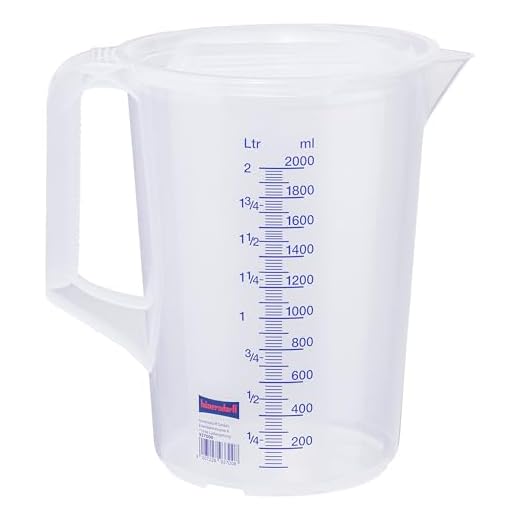 hünersdorff Messbecher (2L), bruchsicher,besonders temperaturbeständig,farbige Skala,Lebensmittelgeeignet,aus Polypropylen(PP),geschlossener Griff,transparent-blau