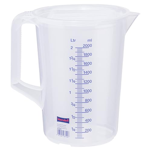 hünersdorff Messbecher 2l | Polypropylen (PP) | bruchsicher und spülmaschinengeeignet | geschlossener Griff | blaue Skala, Transparent+blau