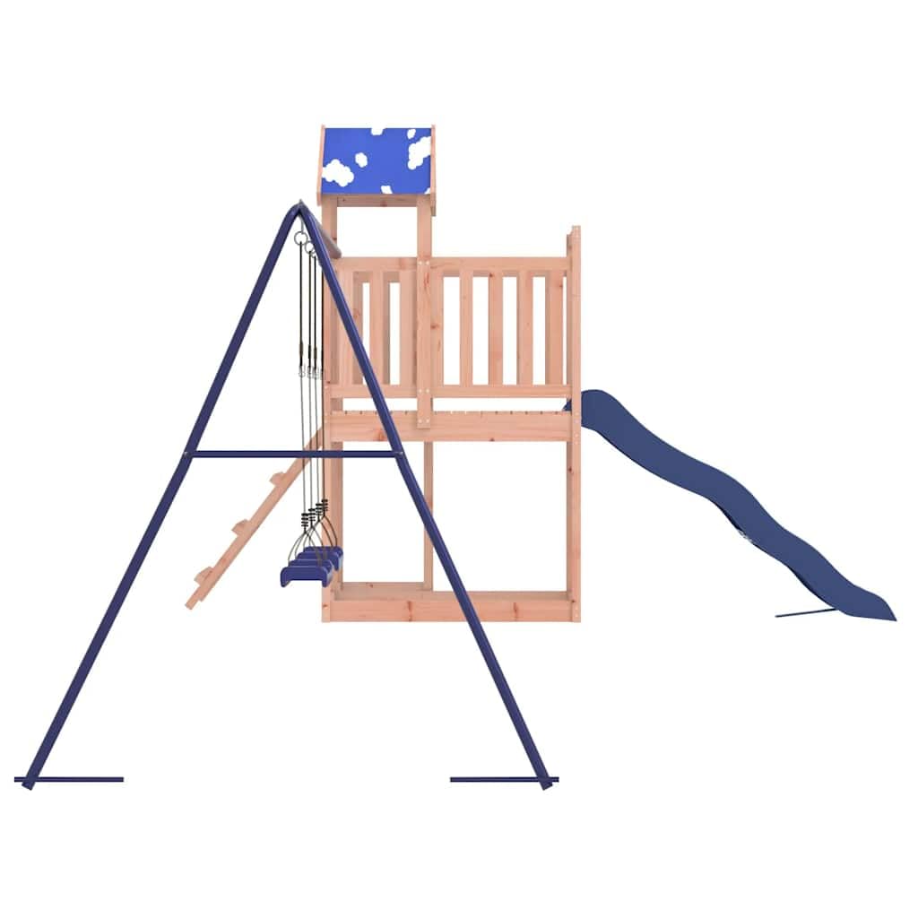 Wieża do zabawy z litego drewna daglezji z platformą 90 cm, zjeżdżalnia falista, podwójna huśtawka, drabina i piaskownica do ogrodu, na podwórko i taras, zabawka ogrodowa dla dzieci w wieku