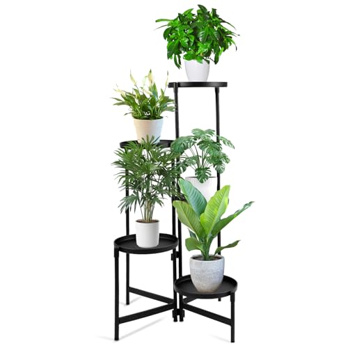 QWORK® 5 Niveaux Support à Plantes en Métal, Étagère à Plantes, Présentoir à Fleurs Noir pour Jardin, Patio, Salon