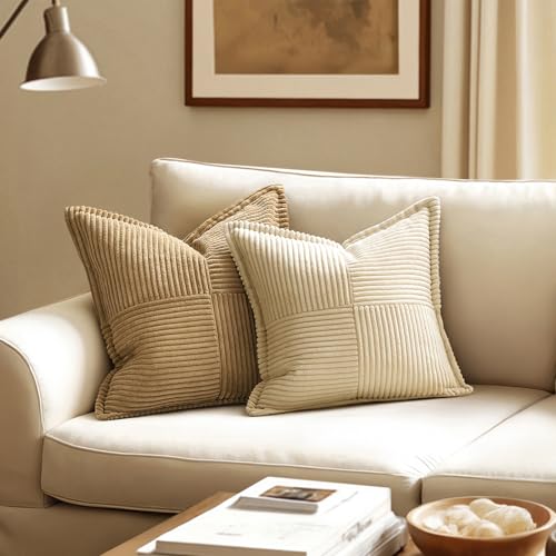 MIULEE Decorative Throw Pillow Covers for Couch Bed Livingroom 16x16 Inch Set of 2 Cream Boho Accent Throw Pllows Broadside Striped Patchwork Soft Corduroy Pillowcases by MIULEE - Image 2