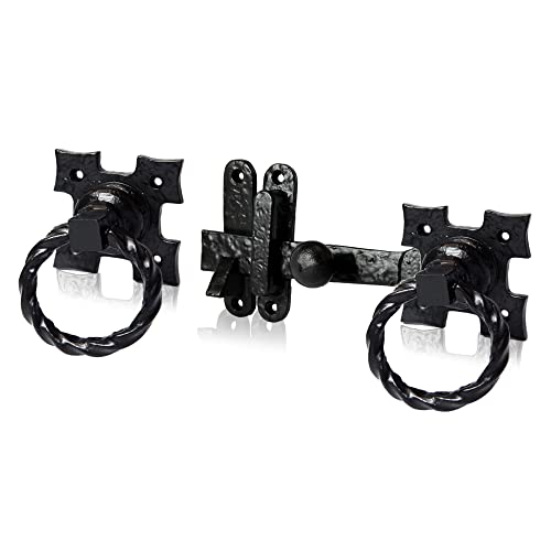 XFORT Smithy's Range Rope Ring Gate Latch, Black Antique Hammered Finish Ring Gate Latch, Corrosion Resistant