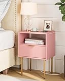 Masupu Nightstand with Charging Station,Mid-Century Modern Bedside Table with Storage Drawer and Open Wood Shelf,Small Gold Frame Side Table for Bedroom,Living Room (Pink)