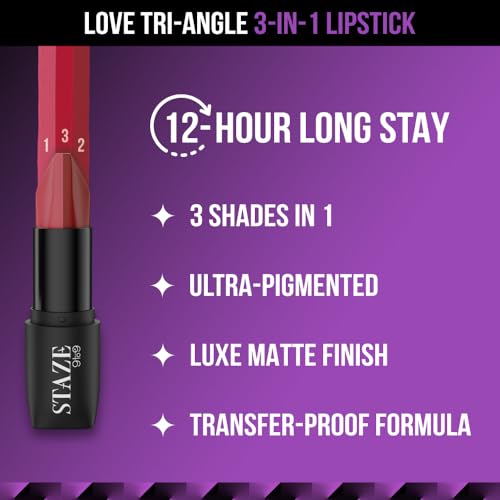 Staze 9to9 3 in 1 Lipstick | 3 Unique Shades in 1 | 12 HRS Long Lasting, Transferproof | Non-drying Formula with Intense Color Payoff | 01 Brick Pink | 3.8 g