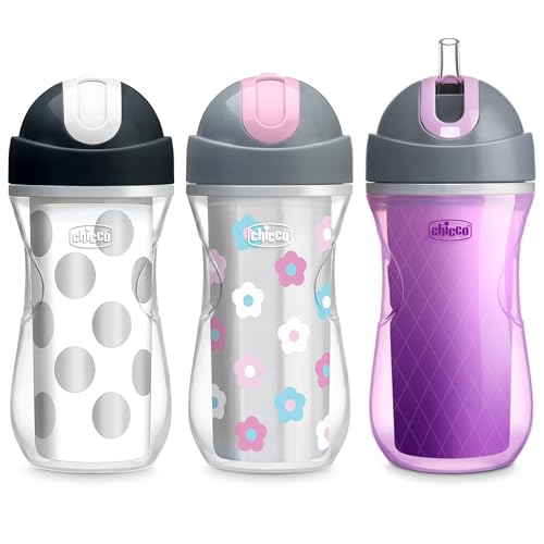 Chicco Insulated Straw Sippy Cup 12+ Months, 9oz Toddler Training Cup with Spill-Free Flip-Top Lid, BPA-Free 3-Pack, Multicolor