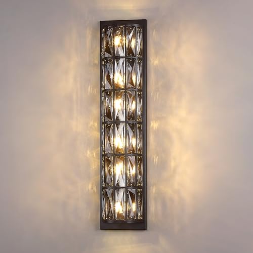 Image of 6 Light Modern Concise 26.25 inch Polyhedral Crystal Shade Wall Sconce Light Fixtures,Oil Rubbed Bronze Finish for Bathroom,Bedroom Living Room Bedside