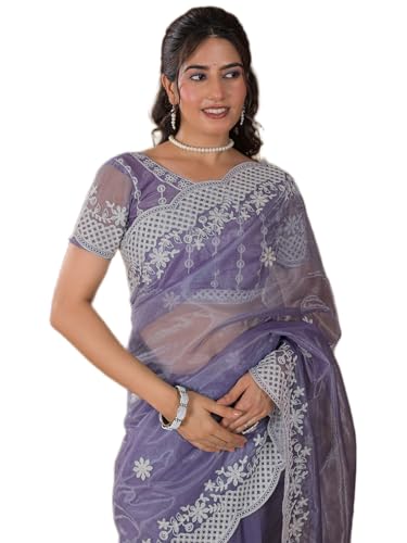Image of Satrani Women's Net Embroidery Saree with Unstitched Blouse Piece