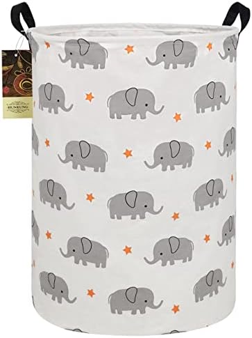 HUNRUNG Laundry Hamper,Large Canvas Fabric Lightweight Storage Basket Toy Organizer Dirty Clothes Collapsible Waterproof for College Dorms, Children Bedroom,Bathroom (Round-Grey Elephant)