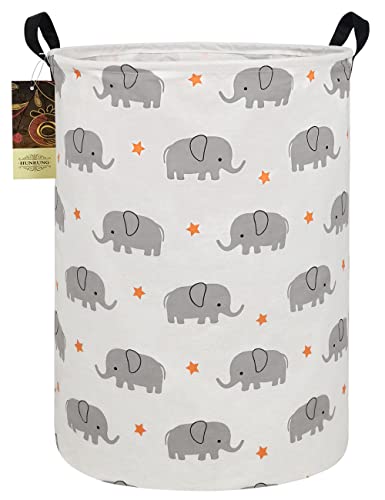 HUNRUNG Laundry Hamper,Large Canvas Fabric Lightweight Storage Basket Toy Organizer Dirty Clothes Collapsible Waterproof for College Dorms, Children Bedroom,Bathroom (Round-Grey Elephant)