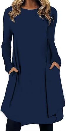 Tunic Dress for Women Casual Crew Neck Long Sleeve Vintage Printed T Shirt Dress Comfy Loose Swing Midi Dress Trendy Pullover