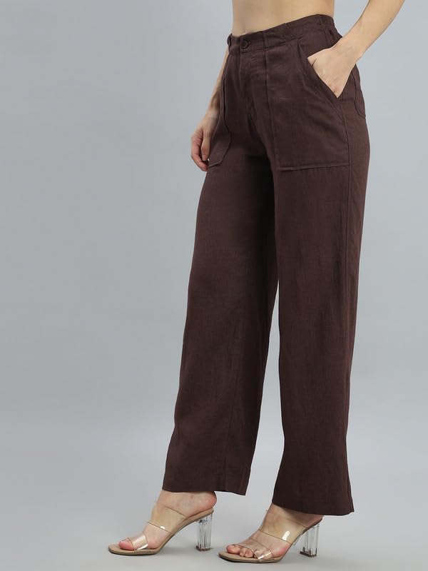 Image of GO COLORS Solid Linen Cargo Pants for Women | Full Length, Mid Rise, Side Pockets